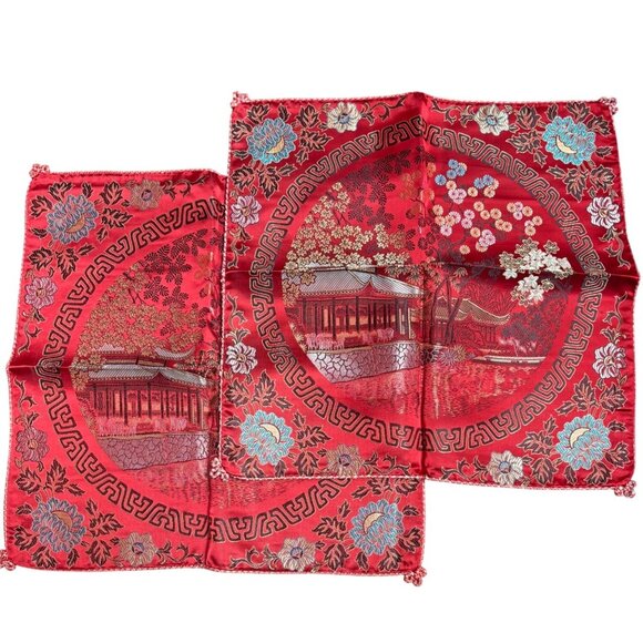Vintage Red Silk Brocade Chinese Decorative Cushion Cover With Floral & Pagoda D - Picture 1 of 5